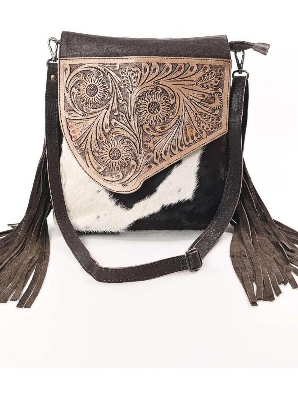 Sunset Star Crossbody Bag - Real Cowhide Hairon Women's Handbag with Leather Fri - Picture 2 of 6